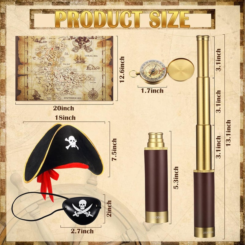 Sratte منظار قراصنة أحادي العدسة خريطة كنز بوصلة جيب قبعة قراصنة طباعة جمجمة زي كابتن، 5 قطع هدايا حفلات زي نظارات تجسس للأطفال بوصلة للعب الأدوار (صغير) - Image 2